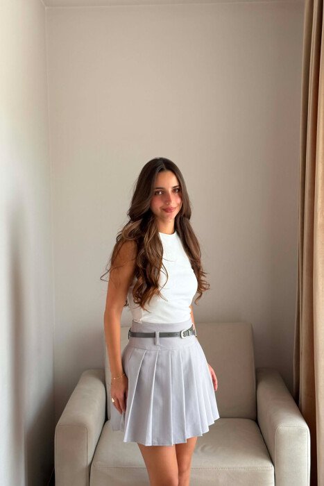 ONE COLOR BELT DETAIL TENNIS WOMEN SKORT LIGHT GREY/GZ - 6