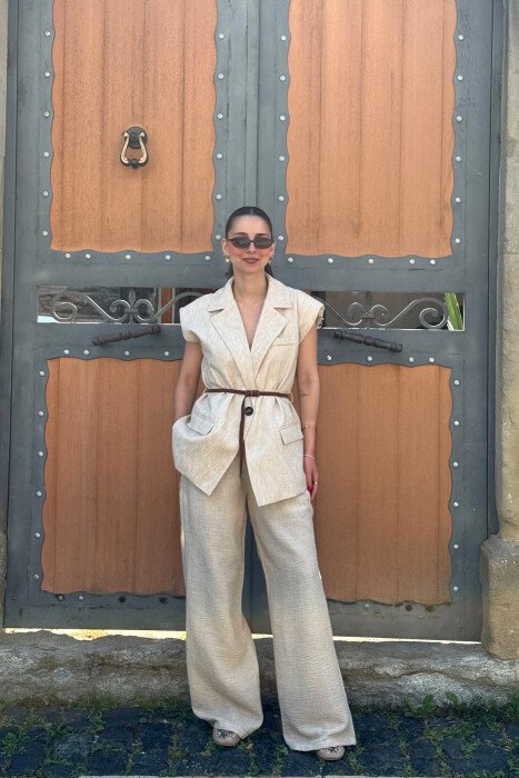 ONE COLOR BELT DETAIL VEST + TROUSERS WOMAN SET BEIGE/BEZHE - KLAUDIO FASHION