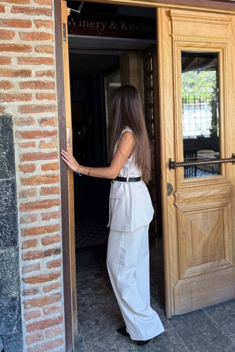 ONE COLOR BELT DETAIL VEST + TROUSERS WOMAN SET BEIGE/BEZHE - 2