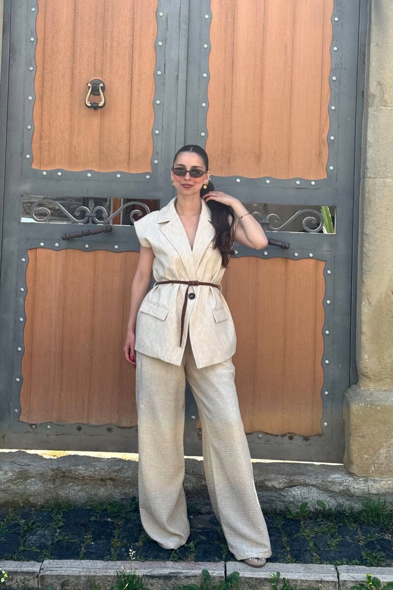 ONE COLOR BELT DETAIL VEST + TROUSERS WOMAN SET BEIGE/BEZHE - 4