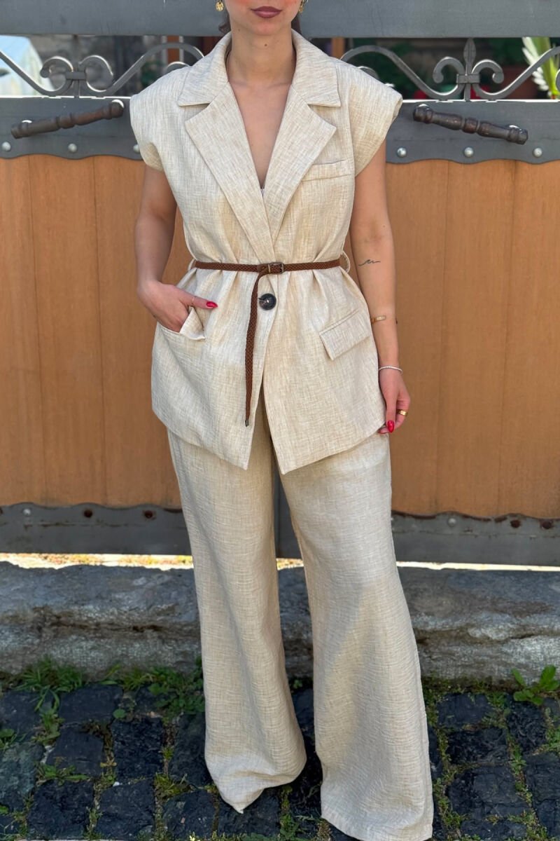 ONE COLOR BELT DETAIL VEST + TROUSERS WOMAN SET BEIGE/BEZHE - 5