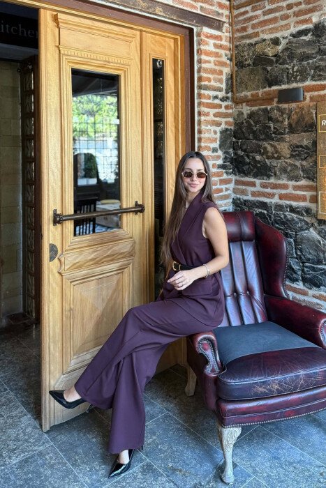 ONE COLOR BELT DETAIL VEST + TROUSERS WOMAN SET BURGUNDY/VISHNJE 