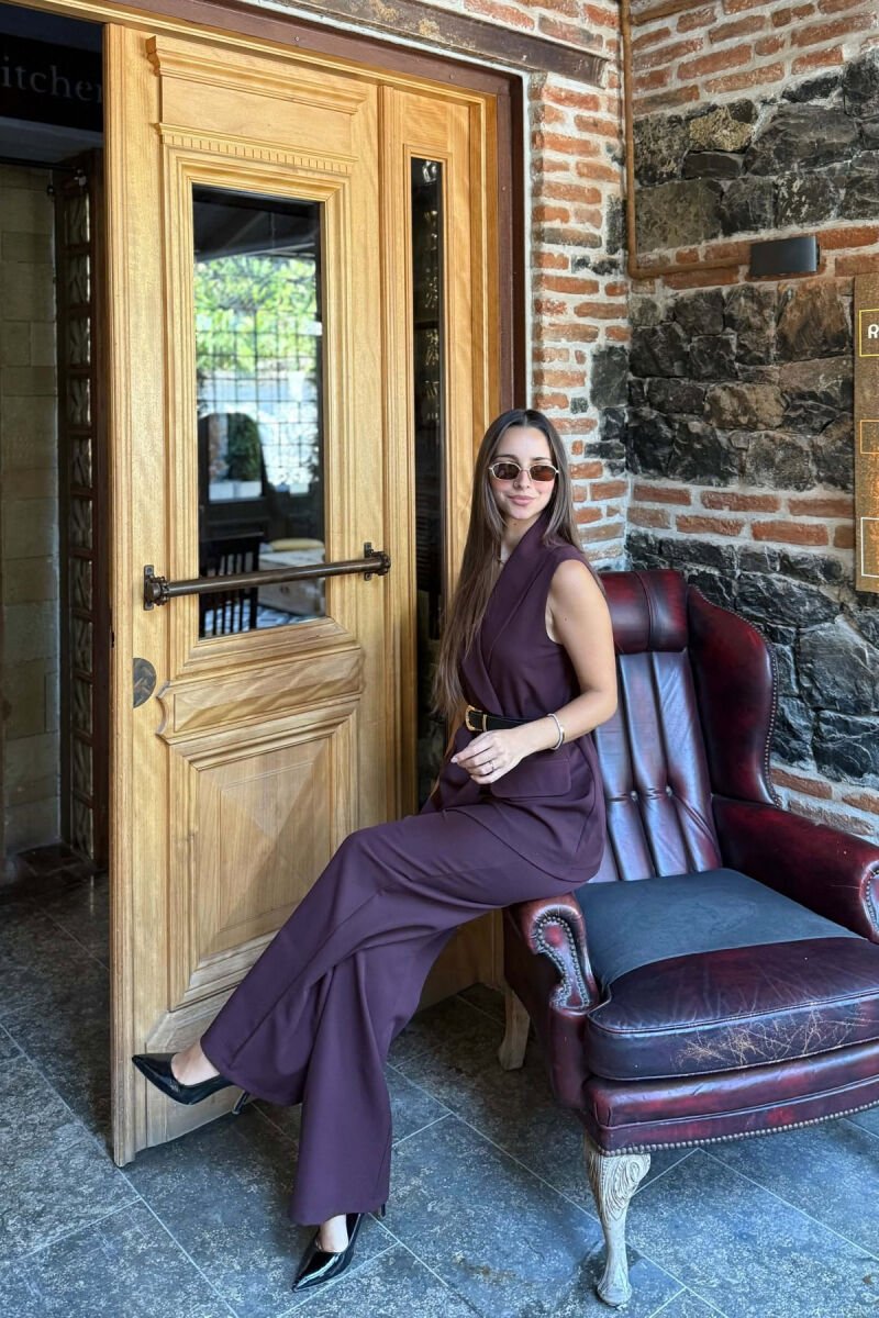 ONE COLOR BELT DETAIL VEST + TROUSERS WOMAN SET BURGUNDY/VISHNJE - 1