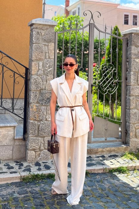 ONE COLOR BELT DETAIL VEST + TROUSERS WOMAN SET CREAM/KREM - KLAUDIO FASHION