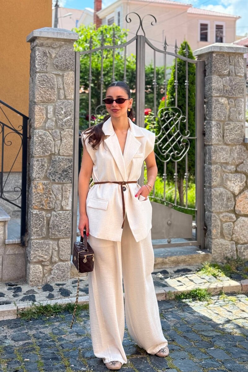 ONE COLOR BELT DETAIL VEST + TROUSERS WOMAN SET CREAM/KREM - 3