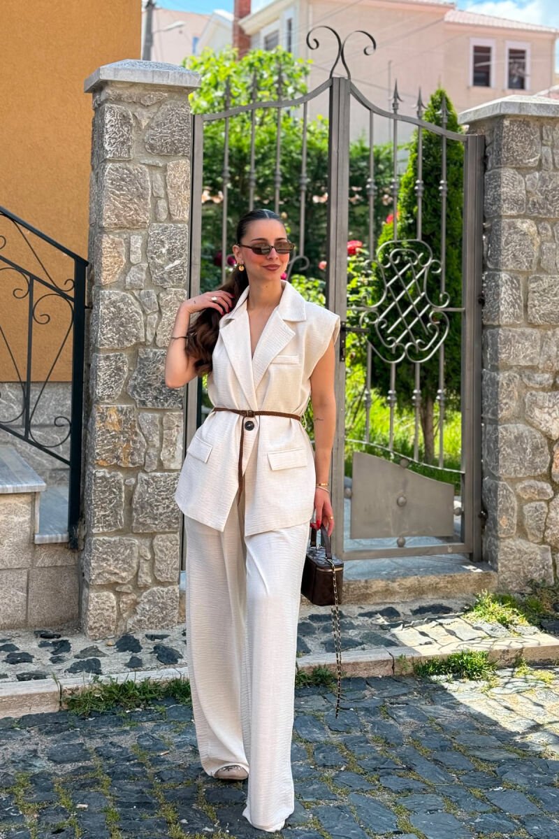 ONE COLOR BELT DETAIL VEST + TROUSERS WOMAN SET CREAM/KREM - 7