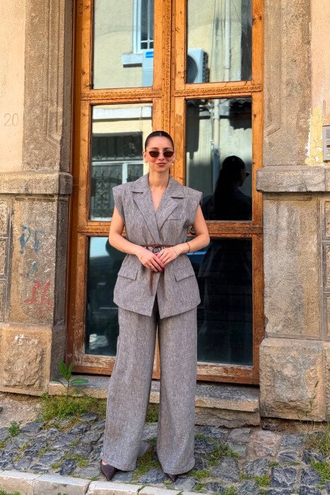 ONE COLOR BELT DETAIL VEST + TROUSERS WOMAN SET GREY/GRI - KLAUDIO FASHION