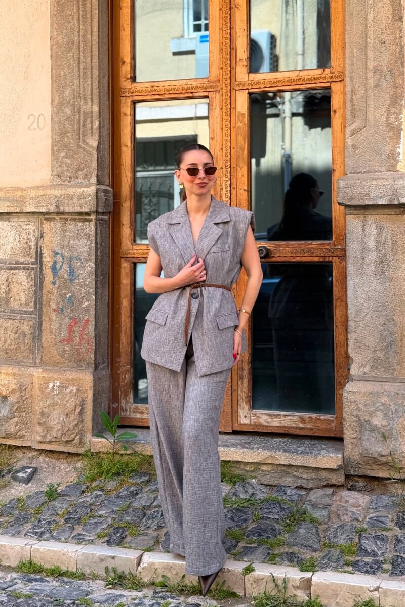 ONE COLOR BELT DETAIL VEST + TROUSERS WOMAN SET GREY/GRI - 2