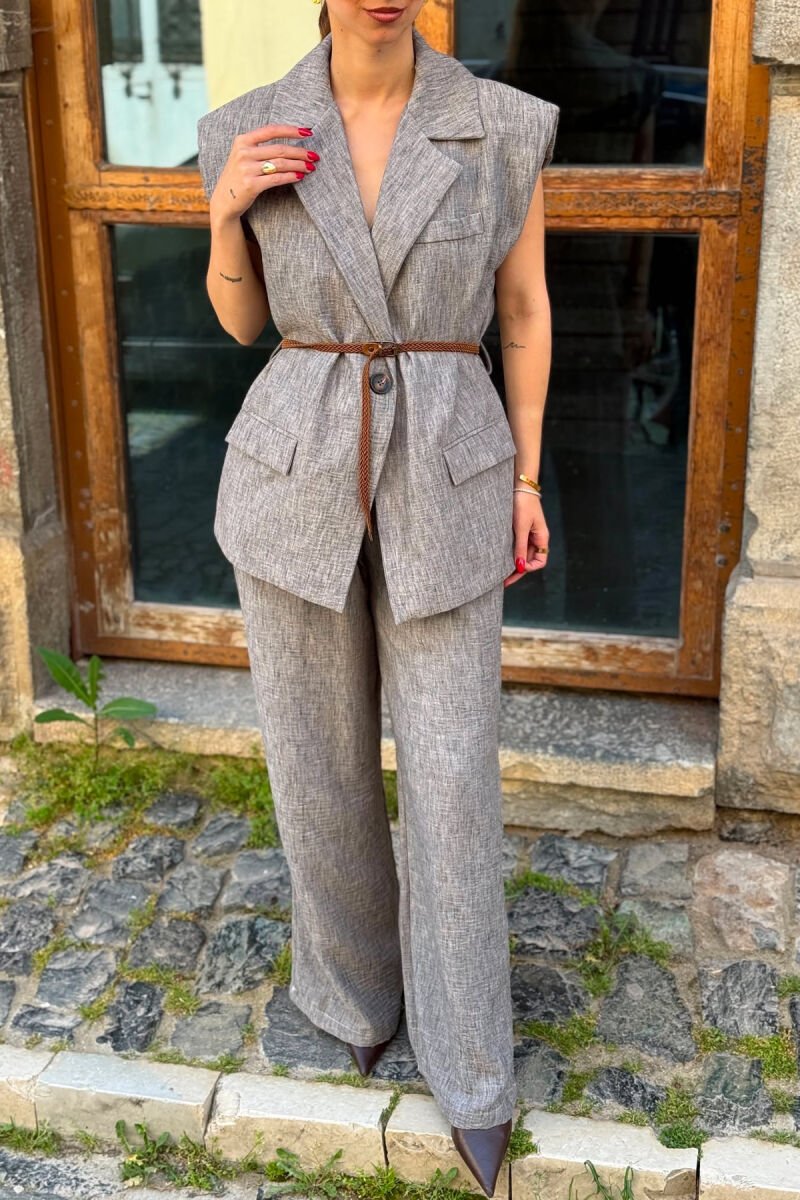 ONE COLOR BELT DETAIL VEST + TROUSERS WOMAN SET GREY/GRI - 3