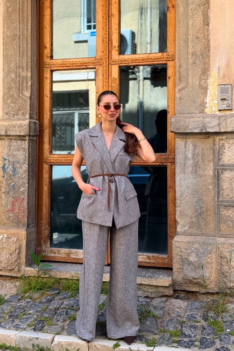 ONE COLOR BELT DETAIL VEST + TROUSERS WOMAN SET GREY/GRI - 4