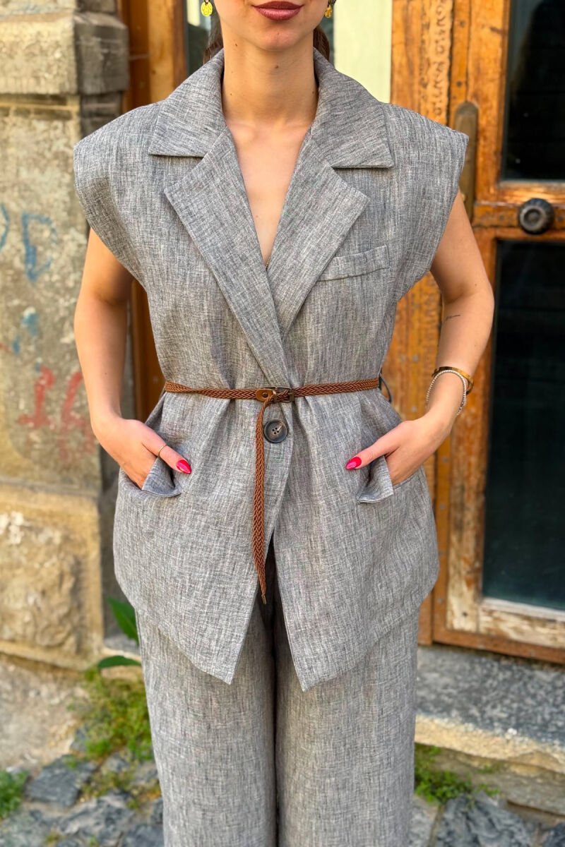 ONE COLOR BELT DETAIL VEST + TROUSERS WOMAN SET GREY/GRI - 5