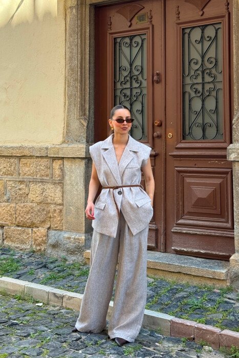 ONE COLOR BELT DETAIL VEST + TROUSERS WOMAN SET LIGHT GREY/GZ - KLAUDIO FASHION