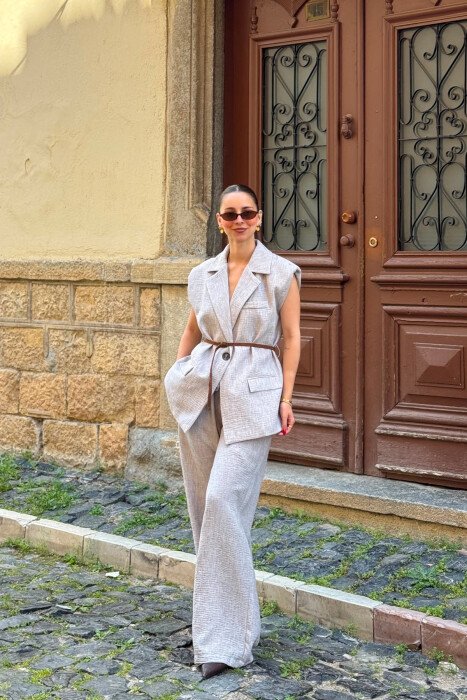 ONE COLOR BELT DETAIL VEST + TROUSERS WOMAN SET LIGHT GREY/GZ - 2