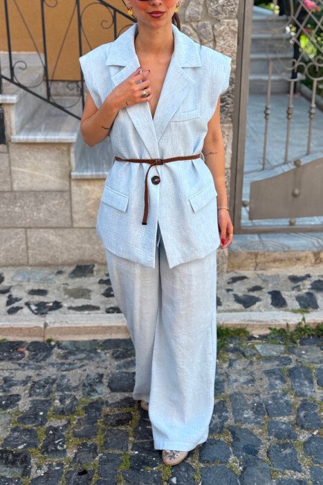 ONE COLOR BELT DETAIL VEST + TROUSERS WOMAN SET LIGHTBLUE/BZ - 4
