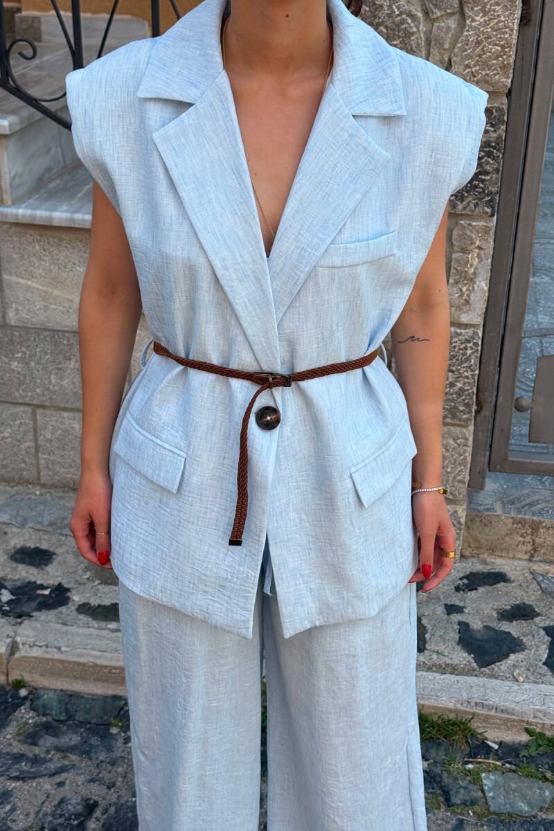 ONE COLOR BELT DETAIL VEST + TROUSERS WOMAN SET LIGHTBLUE/BZ - 5