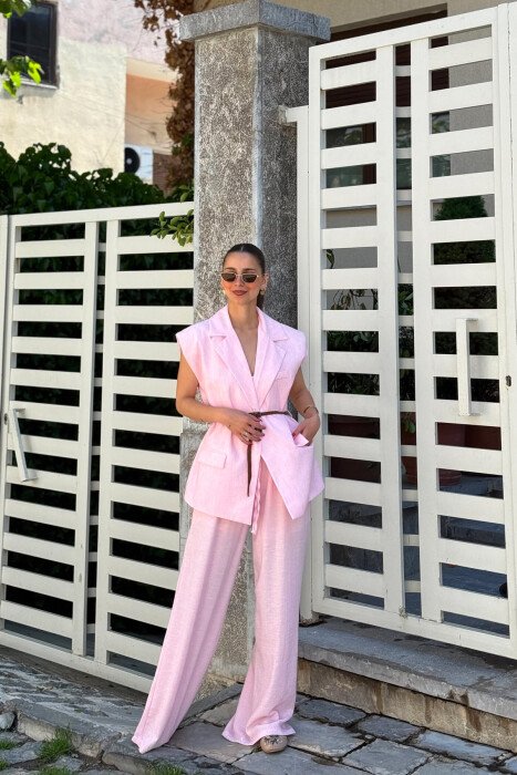 ONE COLOR BELT DETAIL VEST + TROUSERS WOMAN SET PINK/ROZE - KLAUDIO FASHION
