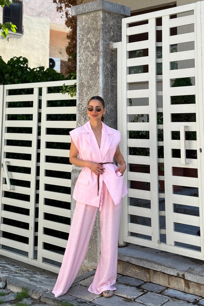 ONE COLOR BELT DETAIL VEST + TROUSERS WOMAN SET PINK/ROZE - 1