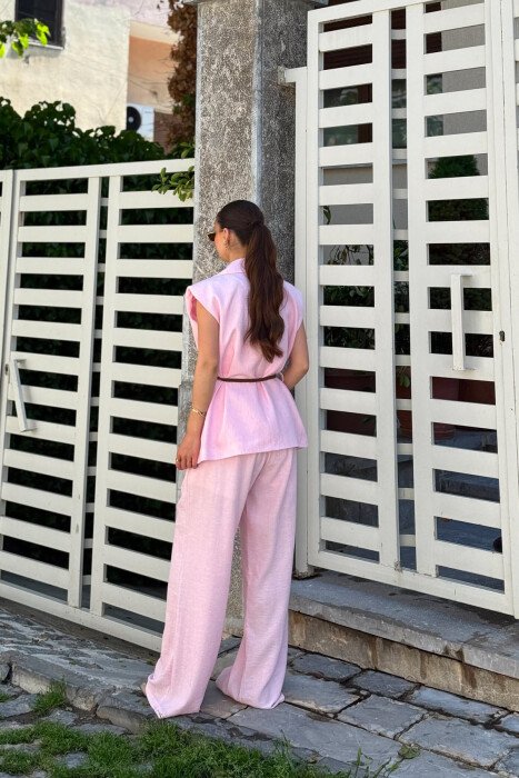 ONE COLOR BELT DETAIL VEST + TROUSERS WOMAN SET PINK/ROZE - 3