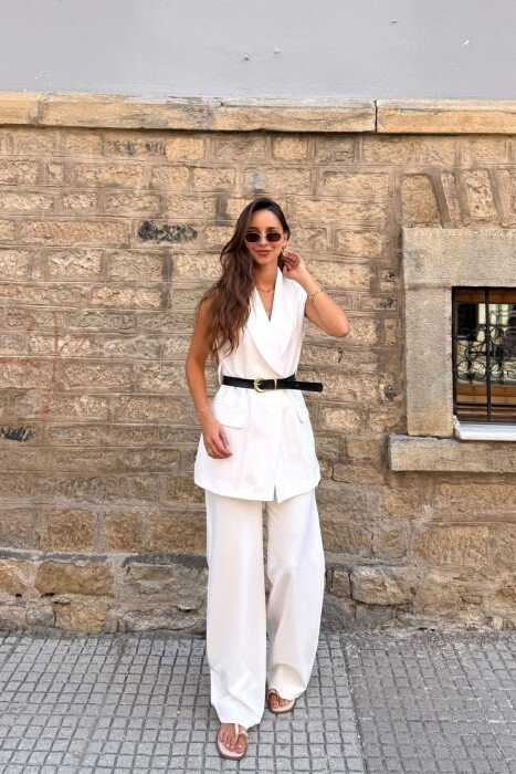 ONE COLOR BELT DETAIL VEST + TROUSERS WOMAN SET WHITE-E BARDHE 
