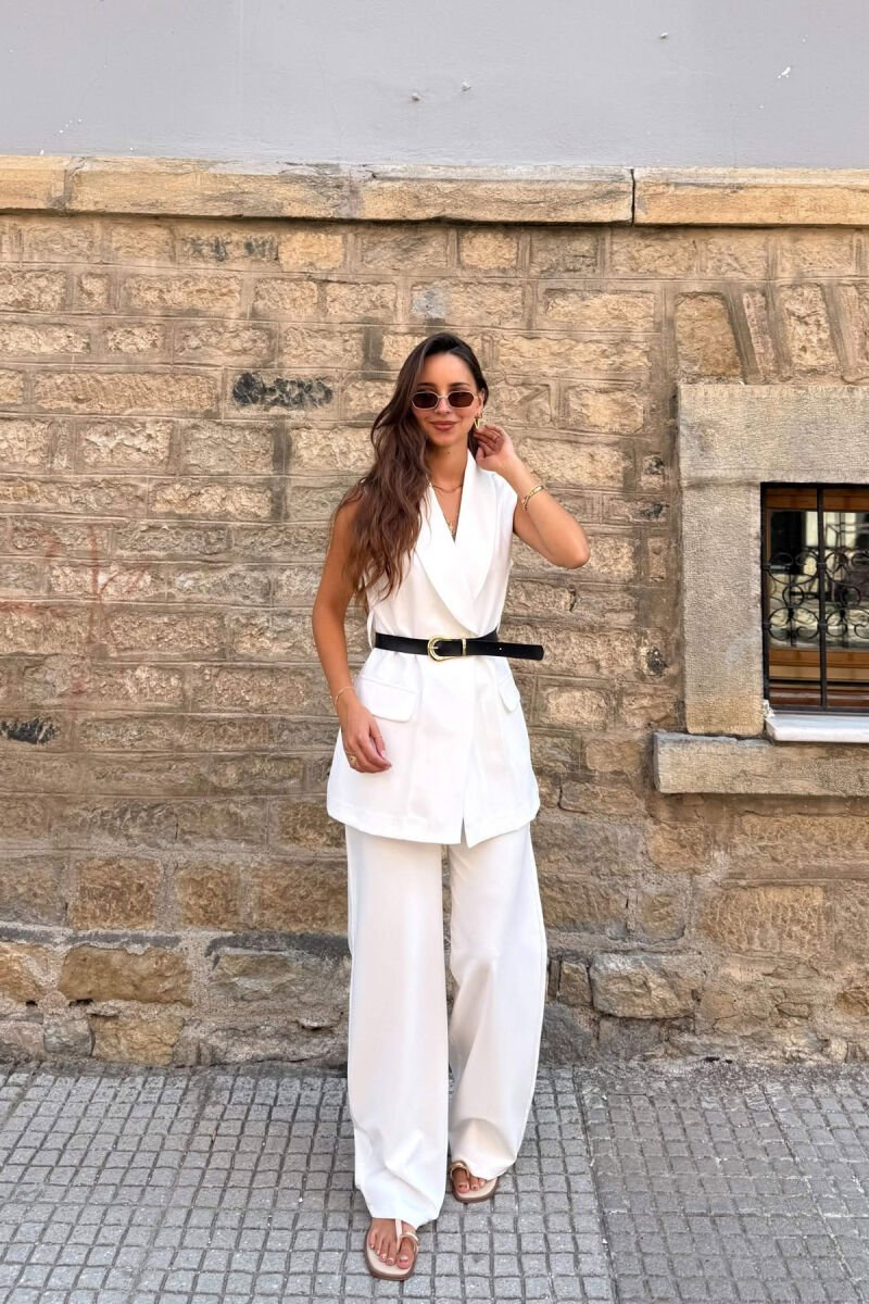 ONE COLOR BELT DETAIL VEST + TROUSERS WOMAN SET WHITE-E BARDHE - 1