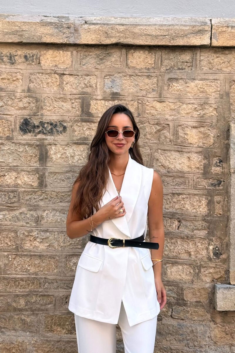 ONE COLOR BELT DETAIL VEST + TROUSERS WOMAN SET WHITE-E BARDHE - 2