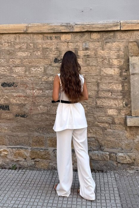ONE COLOR BELT DETAIL VEST + TROUSERS WOMAN SET WHITE-E BARDHE - 5