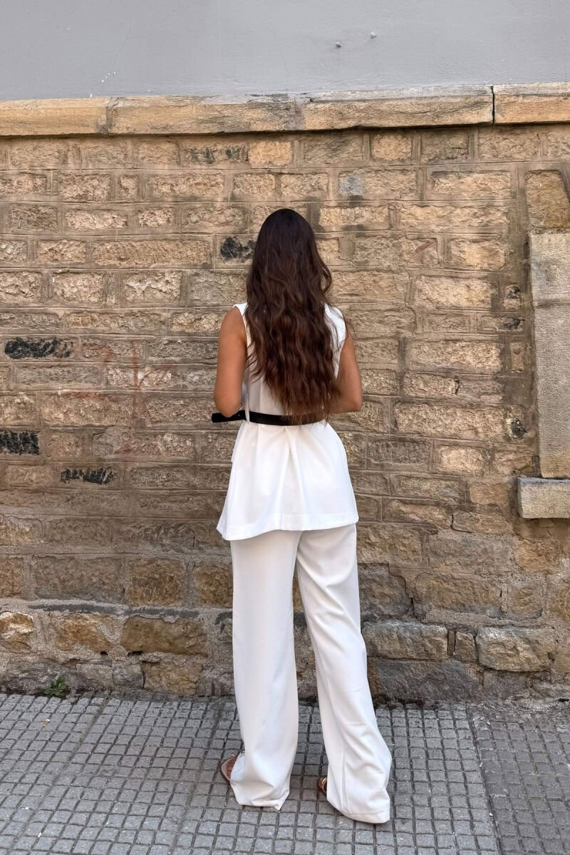 ONE COLOR BELT DETAIL VEST + TROUSERS WOMAN SET WHITE-E BARDHE - 5