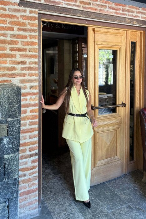 ONE COLOR BELT DETAIL VEST + TROUSERS WOMAN SET YELLOW/E VERDHE 