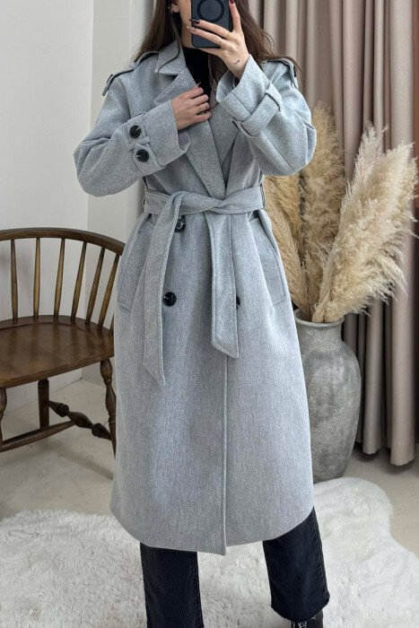 ONE COLOR BELT DETAIL WOMAN COAT LIGHT GREY/GZ - 1