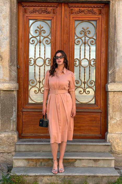 FUSTAN NJE NGJYRESH ME DETAJIN E RRIPIT PER FEMRA NE NGJYRE BEZHE - KLAUDIO FASHION