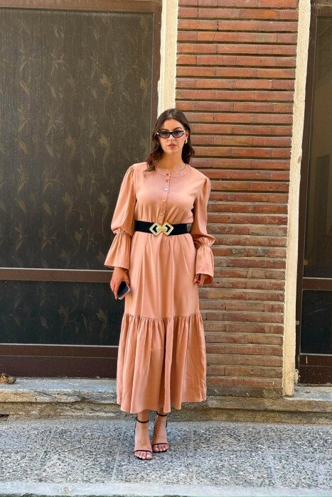 ONE COLOR BELT DETAIL WOMAN DRESS BEIGE/BEZHE - KLAUDIO FASHION