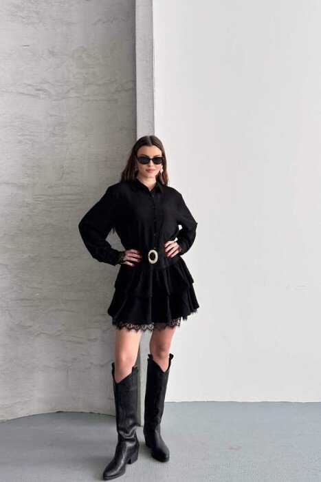 ONE COLOR BELT DETAIL WOMAN DRESS BLACK/ E ZEZE - KLAUDIO FASHION
