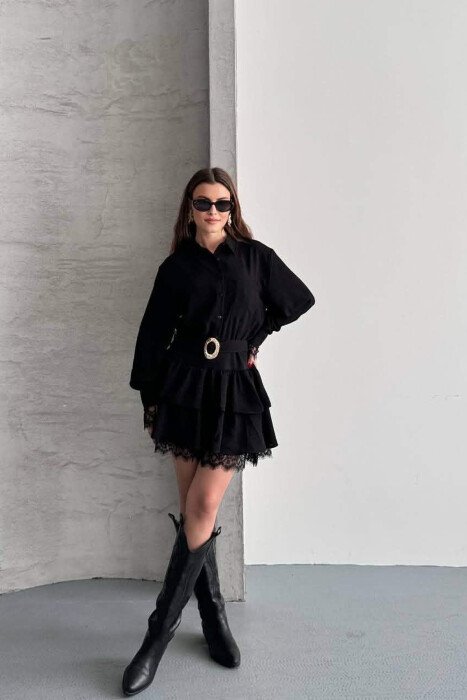 ONE COLOR BELT DETAIL WOMAN DRESS BLACK/ E ZEZE - 4