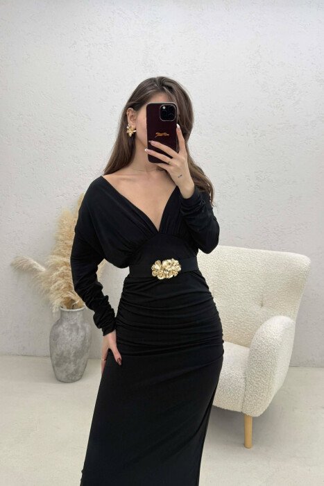 ONE COLOR BELT DETAIL WOMAN DRESS BLACK/ E ZEZE - 4