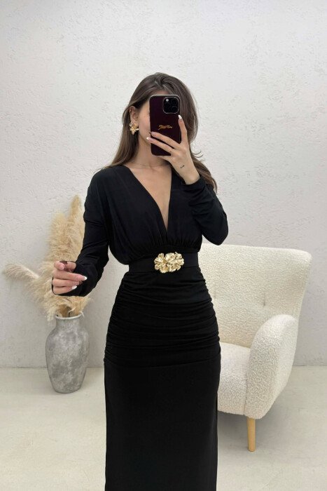 ONE COLOR BELT DETAIL WOMAN DRESS BLACK/ E ZEZE - 5