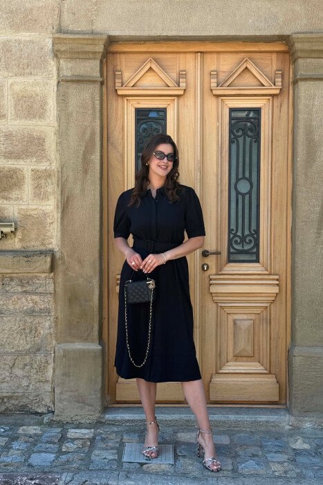 ONE COLOR BELT DETAIL WOMAN DRESS BLACK/ E ZEZE - KLAUDIO FASHION