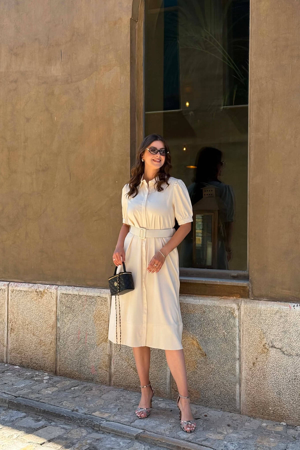 ONE COLOR BELT DETAIL WOMAN DRESS CREAM/KREM DRESS KLAUDIO FASHION MTC-105