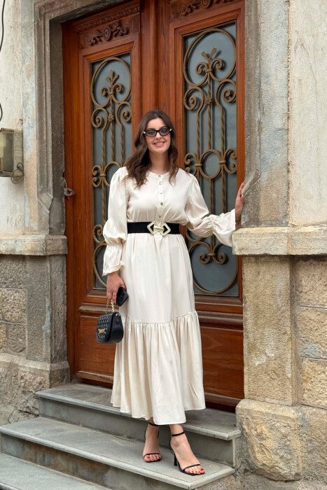 ONE COLOR BELT DETAIL WOMAN DRESS CREAM/KREM - KLAUDIO FASHION