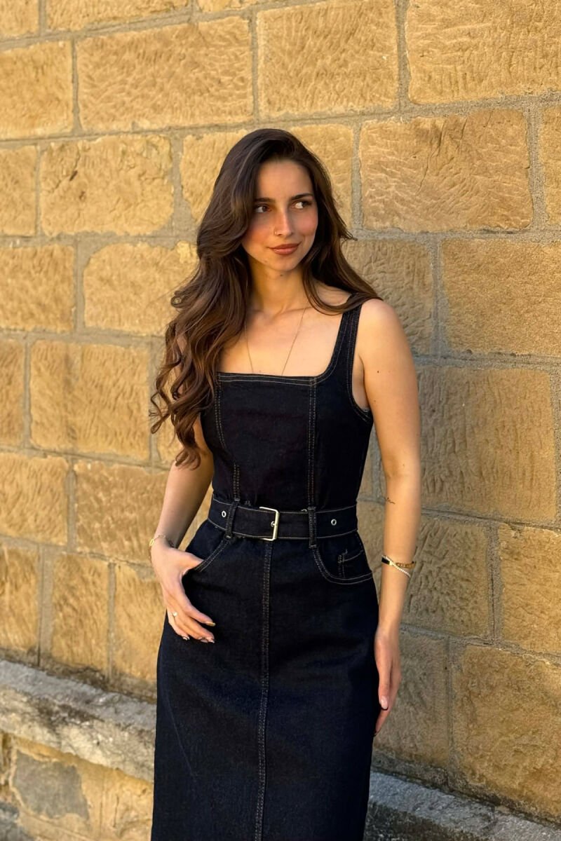 ONE COLOR BELT DETAIL WOMAN DRESS DARK BLUE/BEE - 4