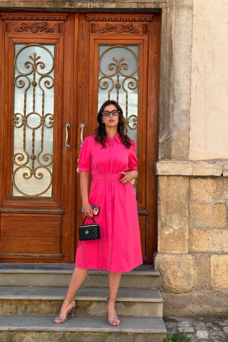 ONE COLOR BELT DETAIL WOMAN DRESS FUCHSIA/CIKLAMI - KLAUDIO FASHION