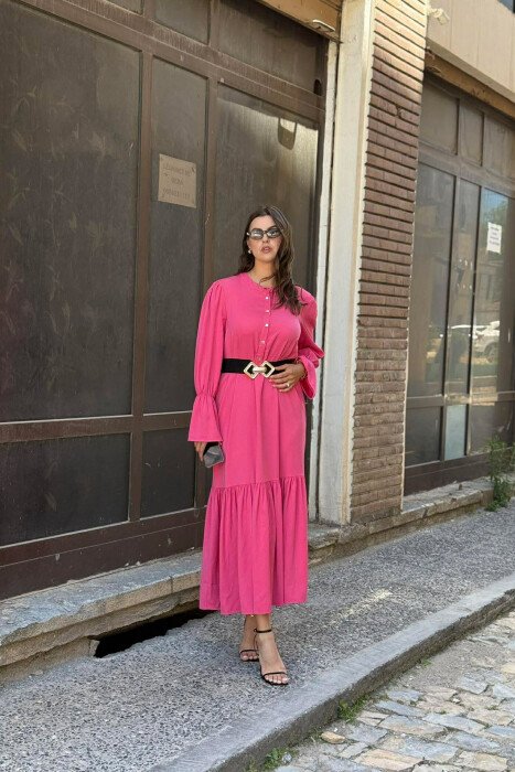 ONE COLOR BELT DETAIL WOMAN DRESS FUCHSIA/CIKLAMI - KLAUDIO FASHION