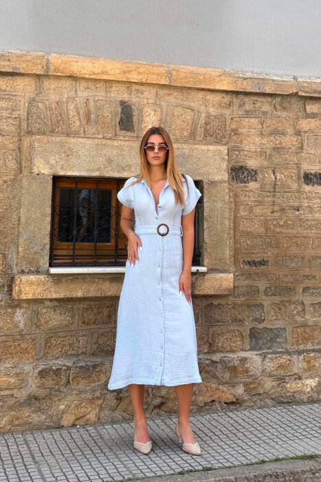 FUSTAN NJE NGJYRESH ME DETAJINE RRIPIT PER FEMRA NE NGJYRE BLU TE ZBARDHUR - KLAUDIO FASHION