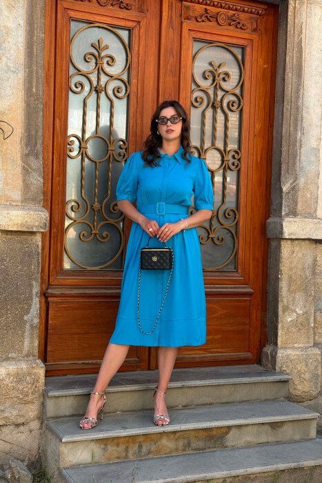 ONE COLOR BELT DETAIL WOMAN DRESS LIGHTBLUE/BZ - KLAUDIO FASHION