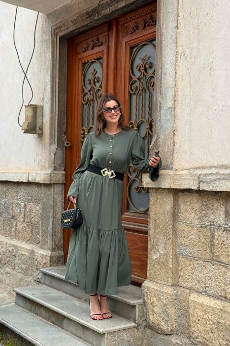ONE COLOR BELT DETAIL WOMAN DRESS OLIVE/ULLI - KLAUDIO FASHION