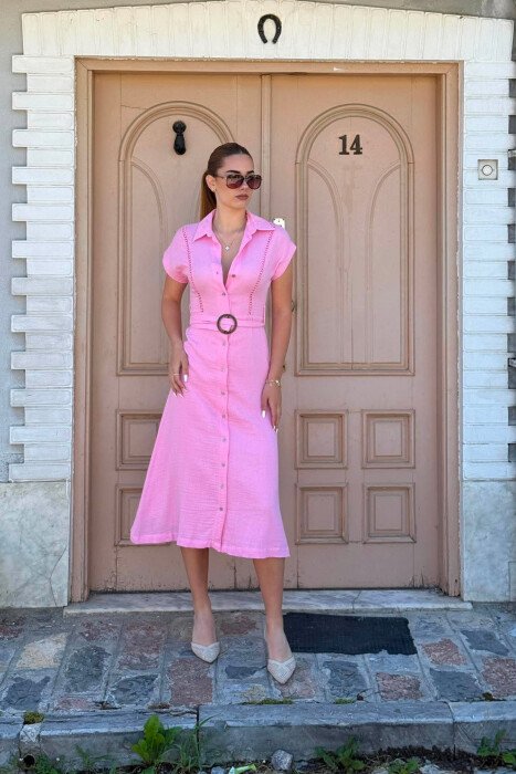 FUSTAN NJE NGJYRESH ME DETAJINE RRIPIT PER FEMRA NE NGJYRE ROZE - KLAUDIO FASHION
