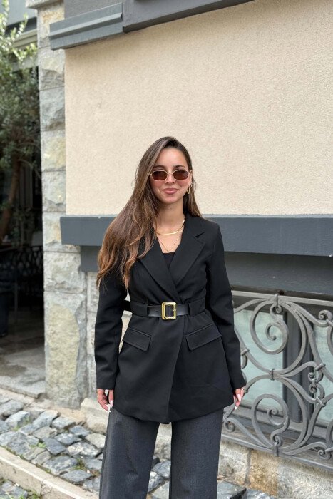 ONE COLOR BELT DETAIL WOMAN JACKET BLACK/ E ZEZE 
