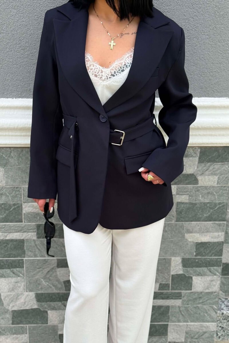 ONE COLOR BELT DETAIL WOMAN JACKET DARK BLUE/BEE - 3