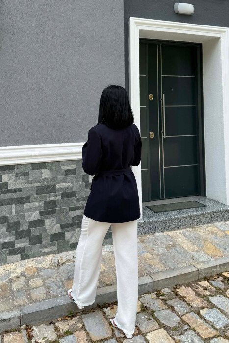 ONE COLOR BELT DETAIL WOMAN JACKET DARK BLUE/BEE - 4
