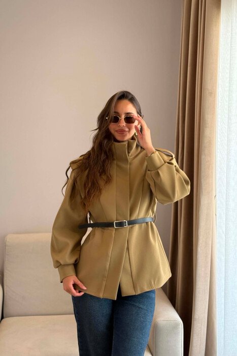 ONE COLOR BELT DETAIL WOMAN JACKET KHAKI / KAKI - KLAUDIO FASHION