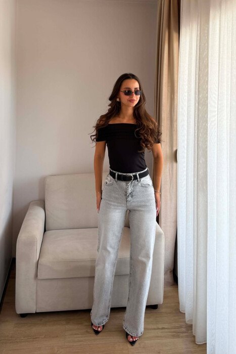 ONE COLOR BELT DETAIL WOMAN JEANS GREY/GRI - KLAUDIO FASHION
